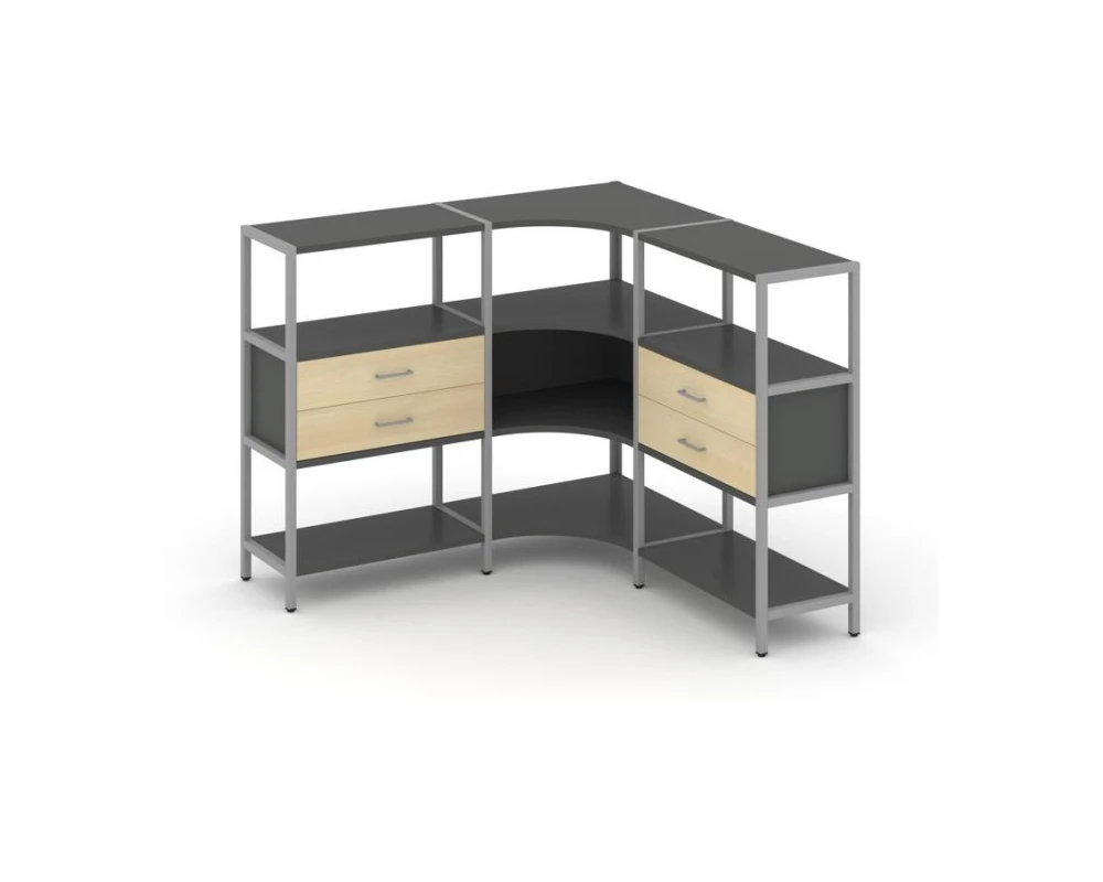 Трехсекционный угловой стеллаж трехярусный с ящиками 1590х1590х1246 Шелф Систем / Shelf System