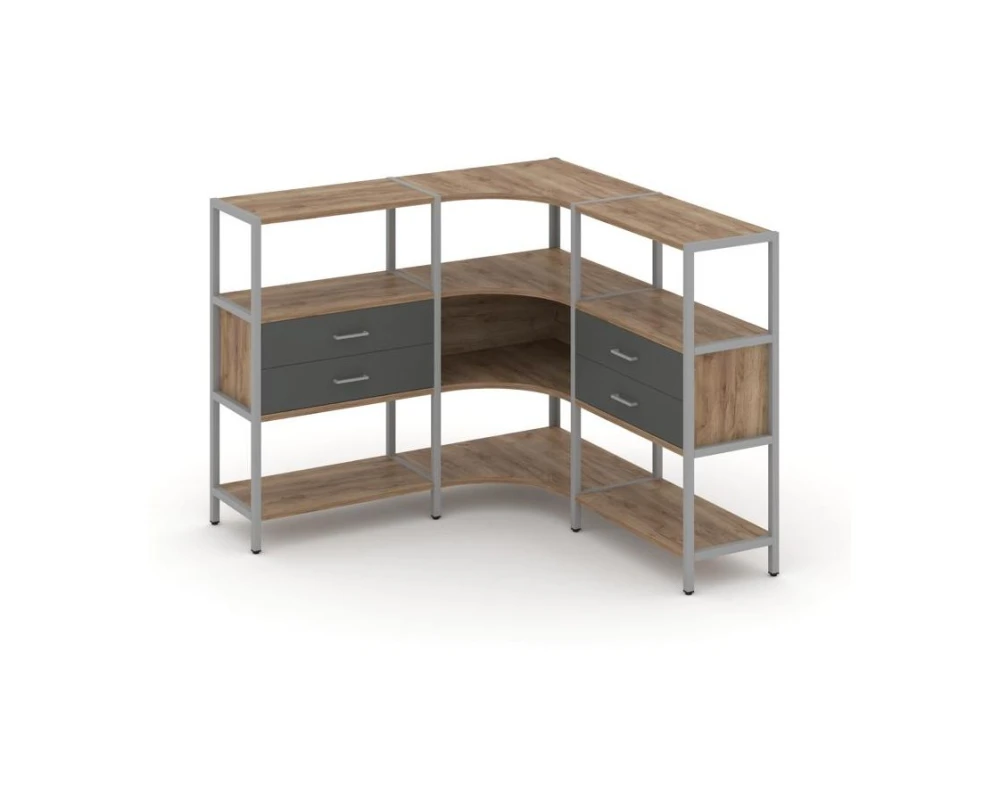 Трехсекционный угловой стеллаж трехярусный с ящиками 1590х1590х1246 Шелф Систем / Shelf System